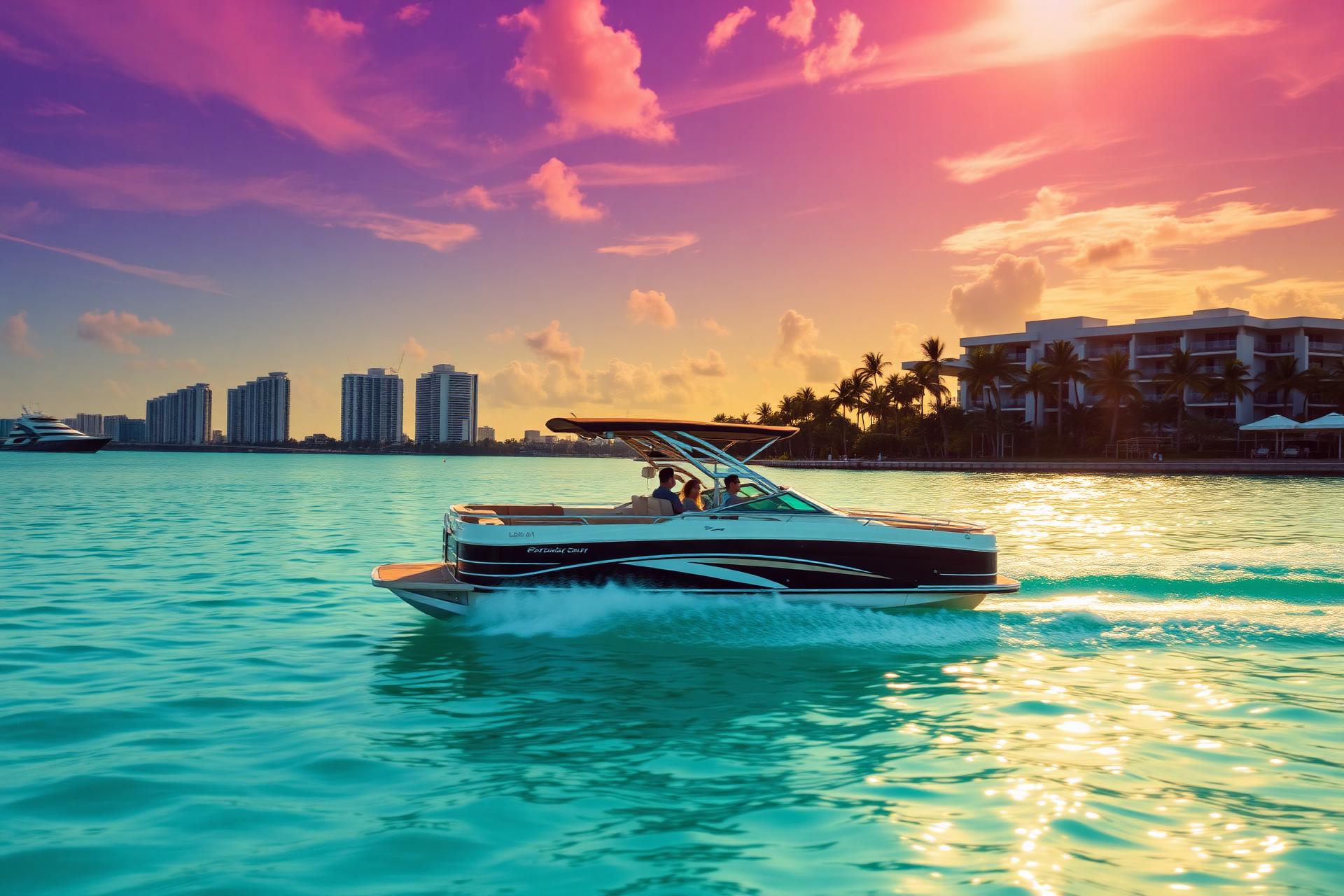 Pontoon boat cruising past Fort Lauderdale skyline at sunset