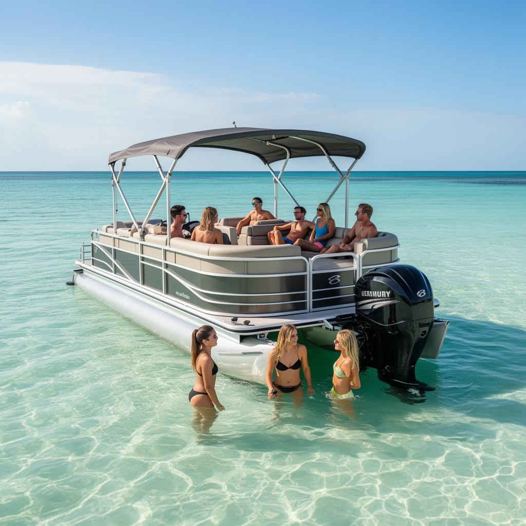 Friends enjoying a sandbar excursion on a pontoon boat